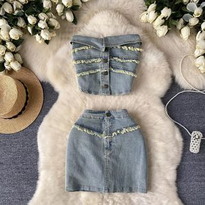 Work Dresses Sexy Spice Sleeveless Tassel Denim Tops Matching Mini Skirt Women Suit Clothing Sets Outfits