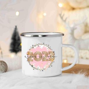 Mugs 2023 Happy Year Print Enamel Coffee Cups Party Wine Juice Mug Dessert Cocoa Handle Cup Gift For Family Friends Drop Delivery Ho Dhzee
