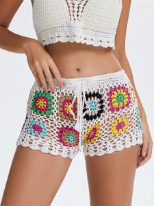 Women's Flower Crochet Knit Shorts Hollow Out Lounge Beach Short Pants 2024 Summer Sexy Bikini Cover-ups