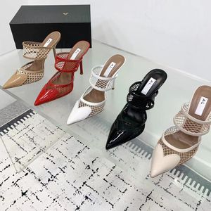 Designer Luxury Shoes Women High Heel Hollowed Out Mesh Heel Sandal Mules Round Head Rhinestone Rivet Buckle Mary Genuine Leather Jane Shoes Loafers Slide with box