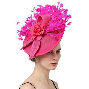 Acessórios para cabelos de cabeça de cabeça chapéus de aba de penas rosa de penas rosa Fascinador Capéu de cabelo nupcial para festa para o coquetel de festas Lady Floral Pattern Head