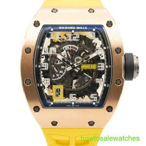 RM Business Wrist Watch Rose Gold Yellow Strap Skeleton Dial RM030 Automatisk mekanisk Tourbillon Movement Chronograph Timespiece