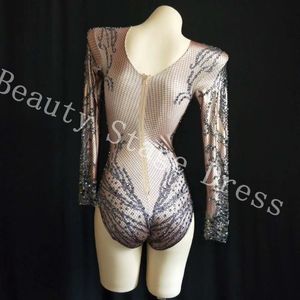 Sparkly Black Crystals Nude Bodysuit QERFORMANCE Outfit Costume Party Celebrate Glisten Rhinestones Stretch Leotard Stage Wear Outfit 254N