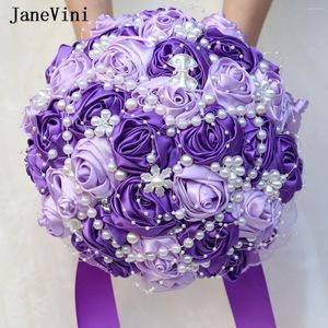 結婚式の花ジャネヴィニ贅沢な真珠トップハンドメイドクリスタルサテンバラのための紫色のブライダルブーケ