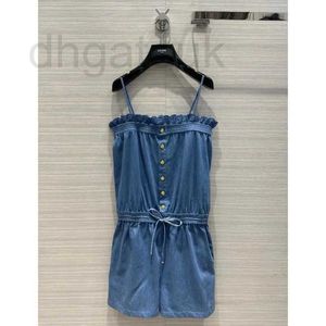 Tute da donna Romper Designer Brand 24 Summer Lin Vacation Style Denim Blue Lace Cranedstring Tie Talpesuit per donne 59bk