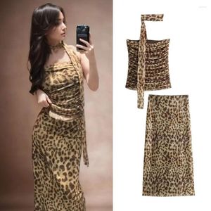 Kjolar tyll leopard veckade topp mode intage vintage tryck kjol kostym sexig hög wais lady set