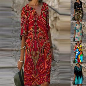 Plus storlek klänningar mode blommig tryck afrikansk klänning kvinnor sommar v-ringning halv ärm kvinnlig litera vintage lös vestidos 2875