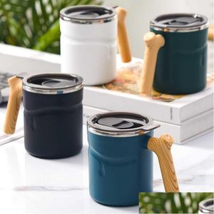 Mugs 510Ml Wooden Handle Coffee Mug With Lid Stainless Steel Liner Beer Cold Drink Double Wall Water Cup Espresso Juice Drinkware Dr Dhqpa