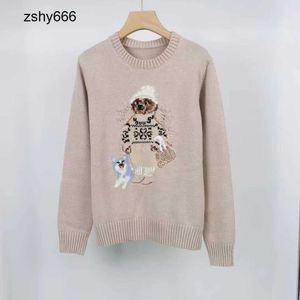 Womens Knitwear with Bear Embroidered Round Neck Pullover Long Sleeves