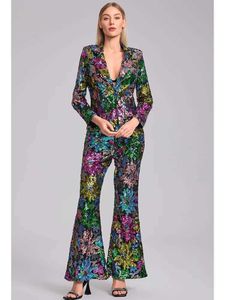 Kvinnors tvåbitar byxor Pocket Flower Sequin Womens 2-Piece Suit Top Pants Set Fashionable Suit Collar Pencil Pants Fashionable Strt Womens Set T240523