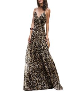 Women Leopard Print Long Dress V Neck Spaghetti Shoulder Straps Summer Beach Dresses 2019 ärmlös Casual Maxi Dress Vestidos J17281143