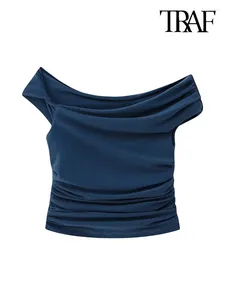 Women's Blouses Women Fashion With Draped Off The Shoulder Cropped Vintage Asymmetric Neck Female Shirts Blusas Chic Tops