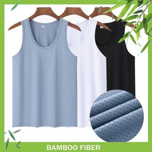 Andningsbara nät back tank tops män bambu fiber komfoterbar sommar ärmlös undertröja man vit gymkläder tshirt rund hals 240513