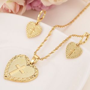 Heart Cross Schmuck setzt klassische Halsketten Ohrringe Set 14 K gelb massiv Gold GF Afrika Hochzeit Braut Mitgift 219h