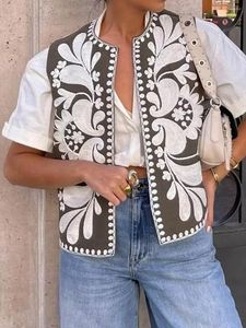 Kvinnors västar y2k vintage broderad blommig väst kvinnor mode linne kort etnisk skjorta blus virkning blommor kofta toppar streetwear