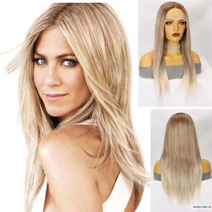 Wig women's front lace brown gradient long straight hair chemical fiber full head cover hair