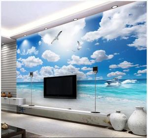 Bakgrunder Anpassad PO Bakgrund för väggar 3 D Väggmålningar Medelhavet Sea Blue Sky White Clouds Beach Seascape 3D TV Bakgrund