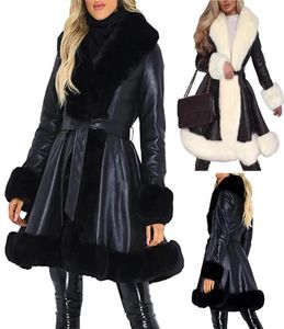 Шикарная зимняя меховая кожаная куртка женщин длинная искусственная кожа