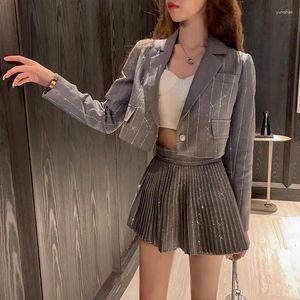 Work Dresses Blingbling Drilling Women Suits Sets 2024 Spring Elegant Long Sleeve Short Jacket Coat Pleated Mini Skirt Two-piece Set