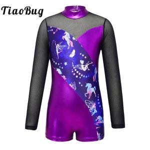 Dancewear Kids Girls Ballet Gymnastics Leotard Metallic Mesh Long Sleeve Leopard Print Dance Bodysuit Jumpsuit Athletic Shorty Unitard Y240524