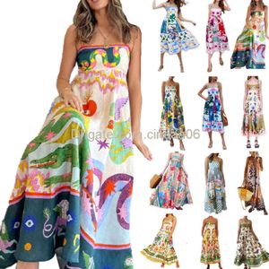 Basic Casual Dresses Elegant Print Colorful Long Dress Women High Waist Spaghetti Straps Backless Sexy Ladies Summer Beach Vaction Robe