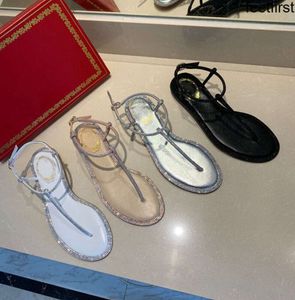 Summer Classic T-strap Sandaler Bow Flat Shoes Women Designer 2024 Fashion Luxury Flip Flops Sandal med pärlor