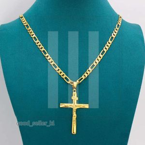 Luxusdesigner Real 10k gelb massiv fein Gold gf Jesus Kreuz Crucifix Charm Big Anhänger 55*35 mm Figaro Kette Mode Hochwertige Halskette 24 