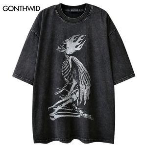 Vintage Black T-Shirt Grunge Hip Hop Skull Python Snake Skeleton Graphic Print Punk Gothic Washed Tshirt 2024 Harajuku Loose Top 240521
