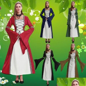 Theme Costume European And American Halloween Vintage Medieval Hooded Dress Square Necklace Flared Sleeve Big Skirt Stage Performanc Dhvqh