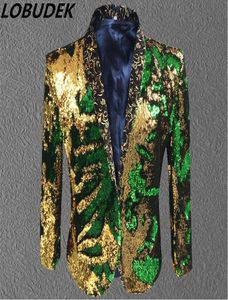 男性ゴールドグリーンスパンコールジャケットブレザーコスチュープロムウェディンググルームファッション服パープルシンガーホストステージパフォーマンス服F3004422