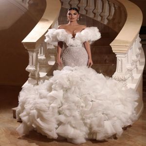 Off the Shoulder Wedding Dresses Multilayered Ruffles Bridal Gown Custom Made Tulles Sweetheart Sweep Train Appliques Robes De Mariee 2216