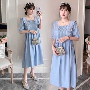 Moderskapsklänningar gravida kvinnor klänning sommaren Hubble Bubble Sleeves French Square Halsringning Lace Pleated Patchwork Dress WX5.26NH36