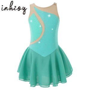 Dancewear Kids Girls Mesh Rhinestone Gymnastics Leotard Stage Performance Figure Skating Dress Chiffon Skater Dance Competition Costumes Y240524