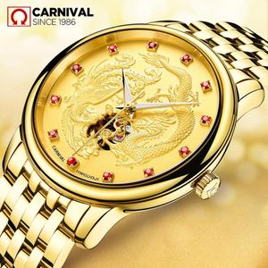 Armbandsur Schweiz Carnival Automatiska mekaniska herrklockor Dragon Diamond Sapphire skelett Vattentät klocka C8798 212J