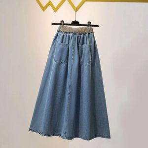 Skirts Summer Women's Denim Half 2024 High Waist Slim Button Split Long Korean Fashion Loose A-line Midskirts