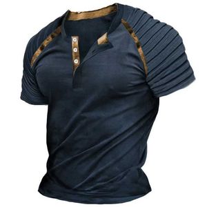رجال Polos 2024 ربيع/الصيف الترفيهي T-Shirt T-Shirt قصير الأكمام زر Henry Neck Top Top Mens Retro Patchwork T-Shirt S52701