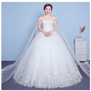 Off the Shoulder Ball Gowns Lace Corset Wedding Dresses Empire midja pärlor WATTEAU Train Lace-up Back Bridal Wedding Dress 2839