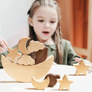 Baby Wood Montessori Toys Dinosaur Stars Moons Balance Block Tråd Staplade Pedagogiska spädbarnsspel för barnpusselgåvor