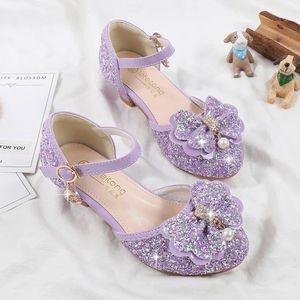 Wedding Childrens Sandals Elegant Bow Childrens Girl Version Sequin High Heels Fashion Pearl Princess Single Shoes 240516