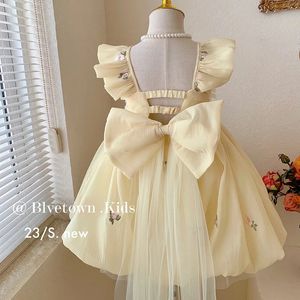 女の子のカジュアルドレスフローラル刺繍メッシュレースバックホロウイングボウプリンセスドレスキッズドレス女の子の女の子の服240527