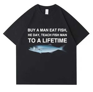 Mäns T-shirts Mens Polos köper en man som äter fisk. Han lär fisk till män under dagen under en livstid av roliga meme t-shirts. Unisex Casual Cotton T-shirts J240527