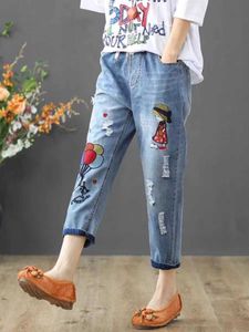Frauen Jeans Y2K Elastic Taille Stickerei Schnüren-up-Knöchelhose Sommer Casual Bleistift Jeans Spring Koreanische Mode neue Vintage Kleidung T240523