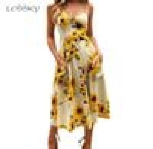 Sexy V pescoço de pescoço traseiro de verão floral praia vestido de verão Mulheres 2019 Butão branco boho listrado Botão de girassol Daisy Party Midi Dresses Y18104048