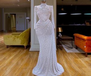 White Glitter Sequined Mermaid Evening Dresses High Neck Ruched vestidos de fiesta Custom Made Long Sleeve Prom Dress Formal LJ2016293123