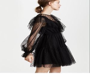 Vneck Polka Dot Wavy Perspective Ruffled Black Lace dress Lantern Sleeve High Waist ALine Jumper Skirt9371664