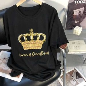 Women's T-Shirt Womens summer T-shirt cotton luxury designer clothing set with diamond crown loose oversized T-shirt short sleeved top graphic T-shirt J240527