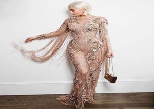 Kvällsklänning Ziadnakad Yousef Aljasmi Lace Mermaid Appliques Champagine Long Tassel Zuhair Murad 2018 Kim Kardashian Kendall Jenn7553189