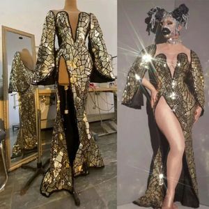 Women Contante Singer Exab Wear Gold Laser Specchio paillettes Long Dress BAR Nightclub Sexy Qerformance Cesto Celebrazione della festa del ballo 233c