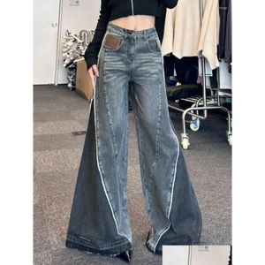 Dżinsy damskie retro kontrast mycie jeansowane dżinsowe spodnie z szerokości nóg moda uliczna luźne kobiety w stylu harajuku w stylu swobodne spodnie upuszcza de Otria