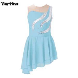 Dancewear Kids Girls Sequestre Rhinestone Ballet Dance abbigliamento da ballo da ballo senza maniche Ballet con gonna asimmetrica Abito da pattinaggio di figura Y240524